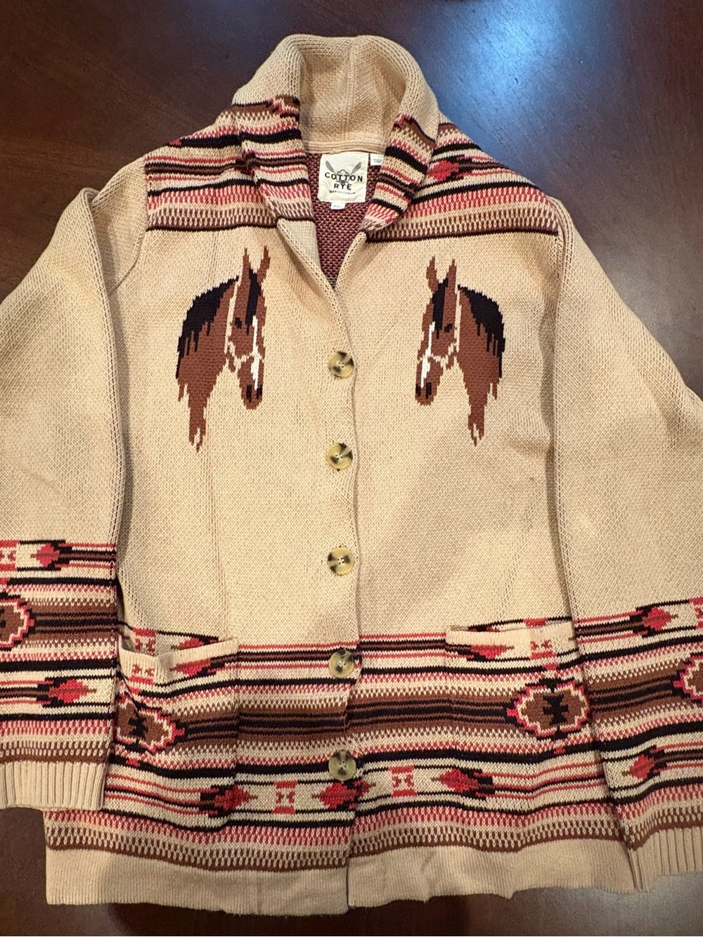 Cotton-Rye Beige Horse Intarsia Shawl Collar Cardigan